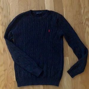 Ralph Lauren ribbed knit navy crew neck sweater with red stitched logo. Size M.
